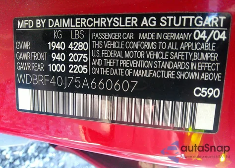 2005 Mercedes-Benz C 230 Kompressor Sport from USA, damaged, VIN WDBRF40J75A660607